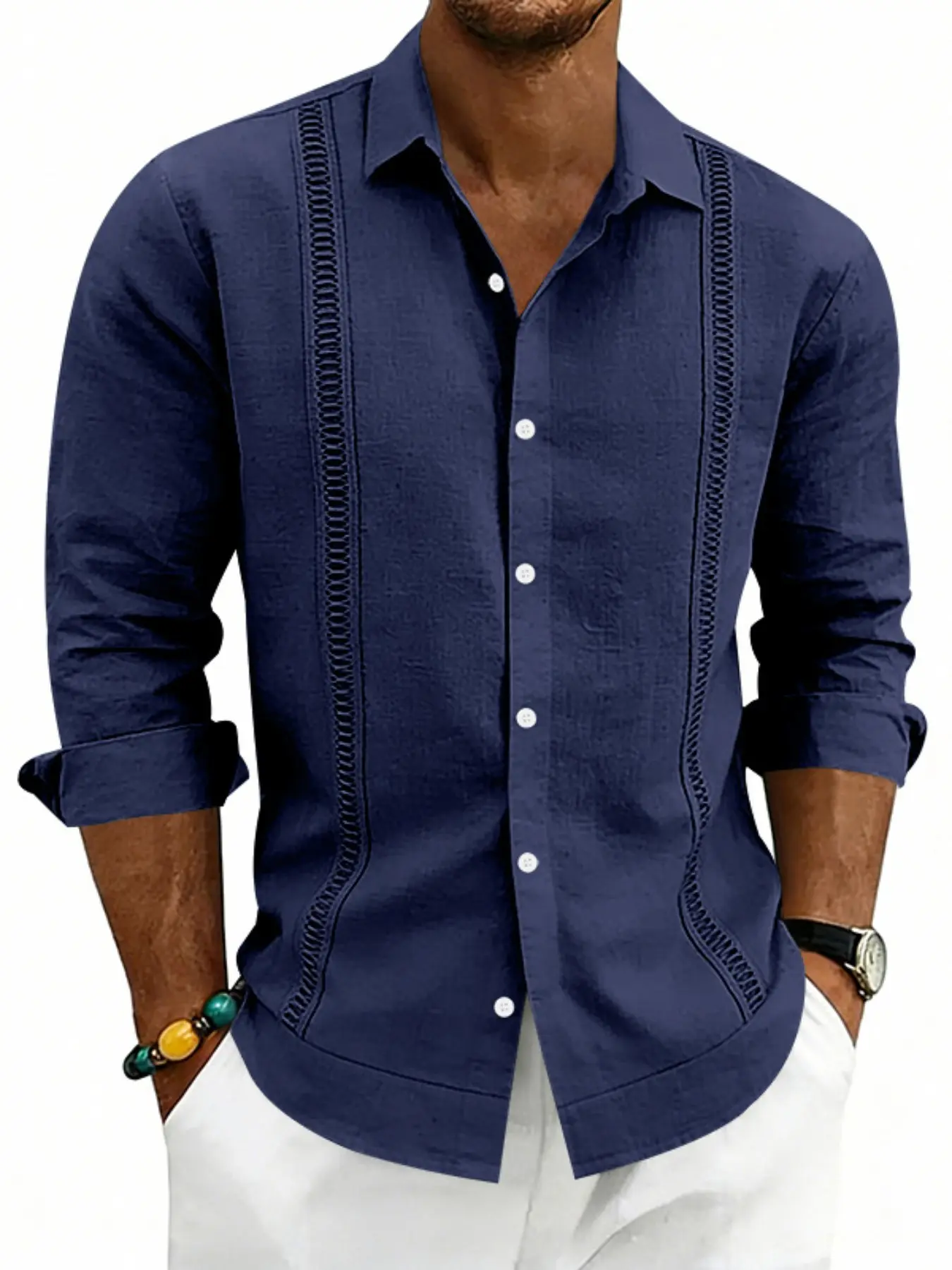 Men's Cuban Guayabera style collar linen long-sleeved shirt with vertical stripe lace trim for casual vacation wear. Soft and breathable with adjustable sleeves. Perfect for daily commuting and outings. Casual Collared Shirt