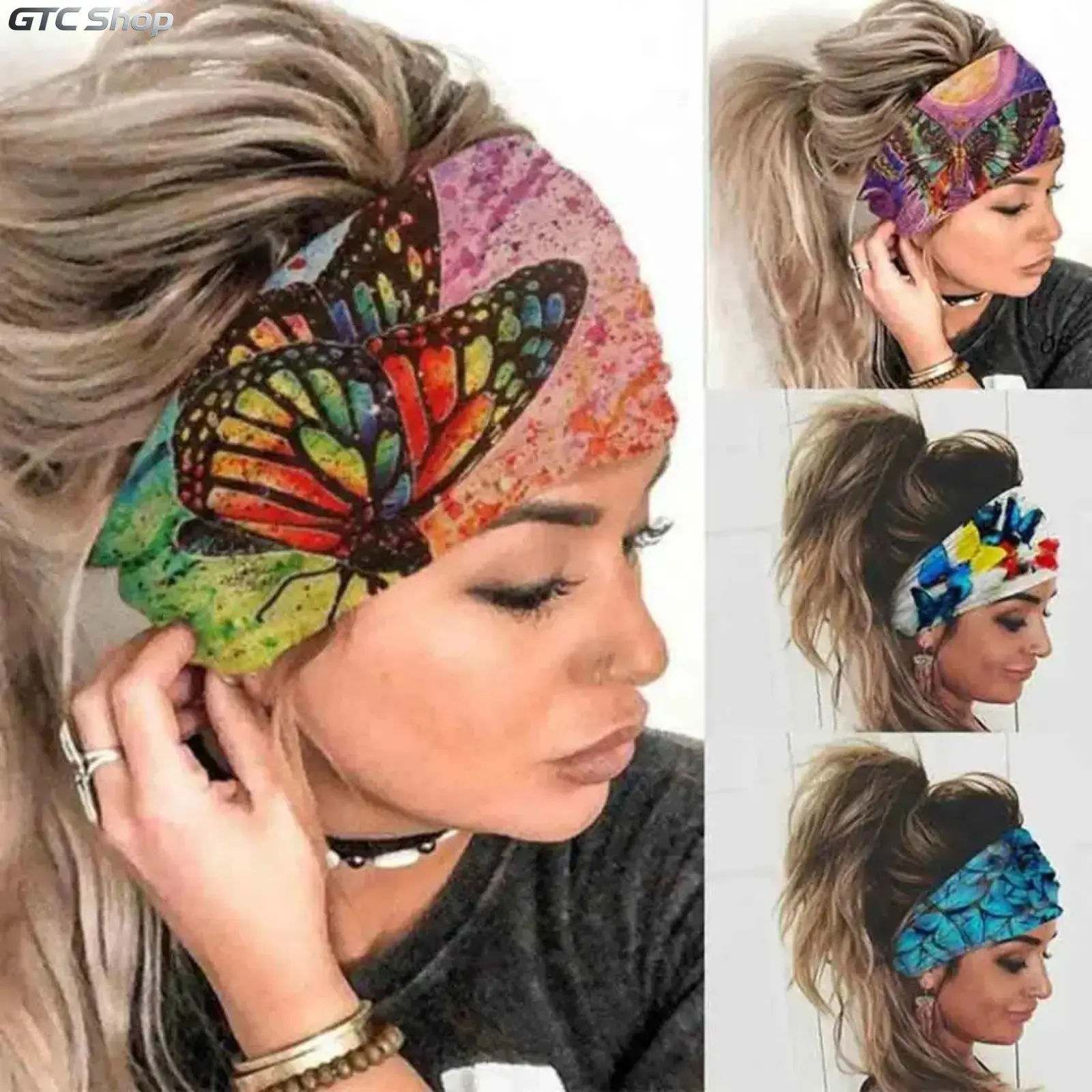 4-Pack Boho Headbands for Women Stretch Button Hair Bands & Headwraps Butterfly Design & Athletic Turban Stylish Head Scarfs for Yoga, Running & Everyday Use Trendy Hair Accessories