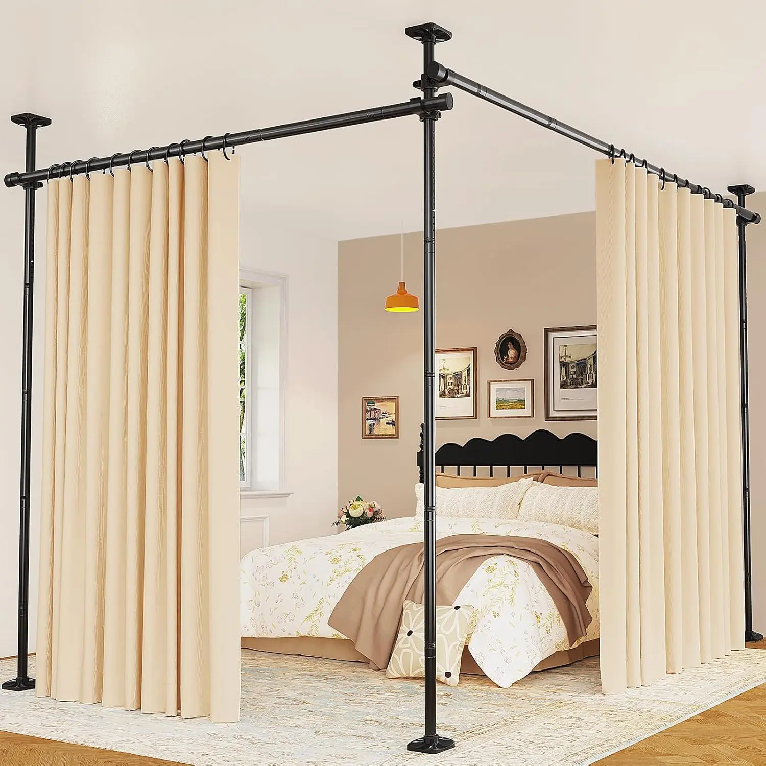 Black Heavy Duty Tension Rod Curtains Room Divider - No Drilling, Adjustable Size (4-10ft H x 28-114in W), Freestanding Temporary Privacy Space Divider for Room Separation