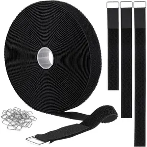 1"x32ft Hook and Loop Straps with 50 Metal Buckles, Adjustable Fastening Cable Straps, Cut-to-Length Cinch Strap, Reusable Nylon Securing Cord Ties  Organizer or Storage, 1 inch Wide, Black