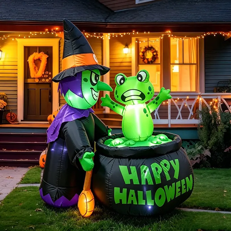 1.5m Halloween Inflatable Witch Frog Magic Pot, LED Light Up Garden Decor, Outdoor Party Decoration, Festive Yard Ornament