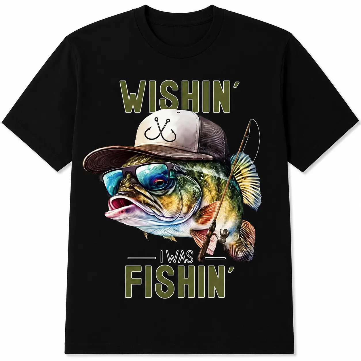 Wishin’ I Was Fishin’ Bass Fishing Graphic T-Shirt  Funny Fishing Lover Tee   Vintage Angler Shirt  100% Cotton Premium Quality
