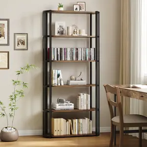 6-Tier Industrial Bookshelf, 71" Tall Open Bookcase with Metal Frame, Rustic Brown Wood Shelving Unit, Heavy Duty Storage Organizer for Living Room, Home Office, Bedroom