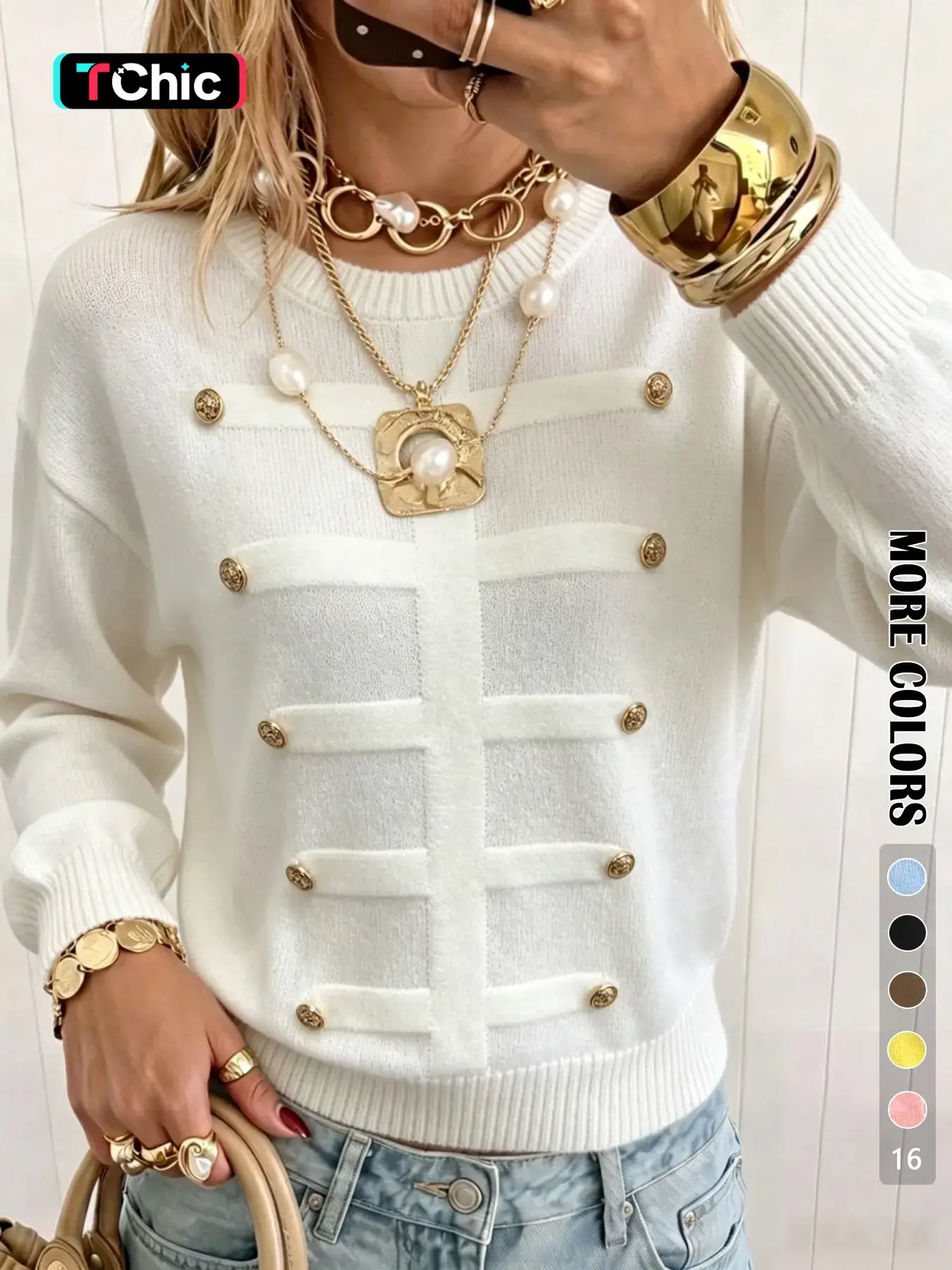 Fall Winter Fashion Simple Style Metal Button Design Long Sleeve Pullover, Casual Loose Fit Versatile Lazy Wind Sweater Knitwear, Women's Top