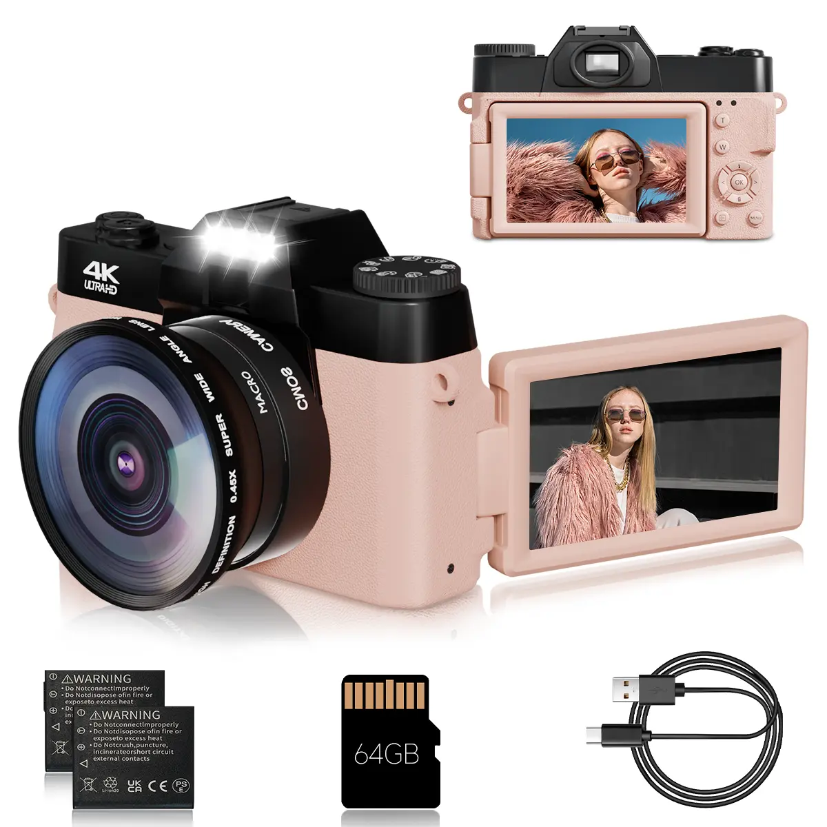 Gift for Teen Girls, Pink 4K Vlogging Camera with 180° Flip Screen, 48MP Digital Camera with Wide Angle Lens, 64GB Card