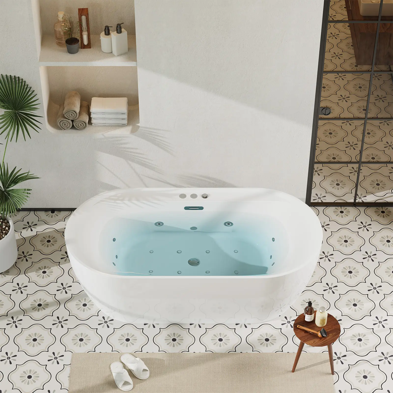 Freestanding Bathtub Acrylic Spa Tub with Air and Water Jets,71" (180 cm) Freestanding Acrylic Soaking Bathtub with Adjustable Jets, Air Bubble & Heated Massage, Deep Ergonomic Design,Matte Drain, Gloss Finish