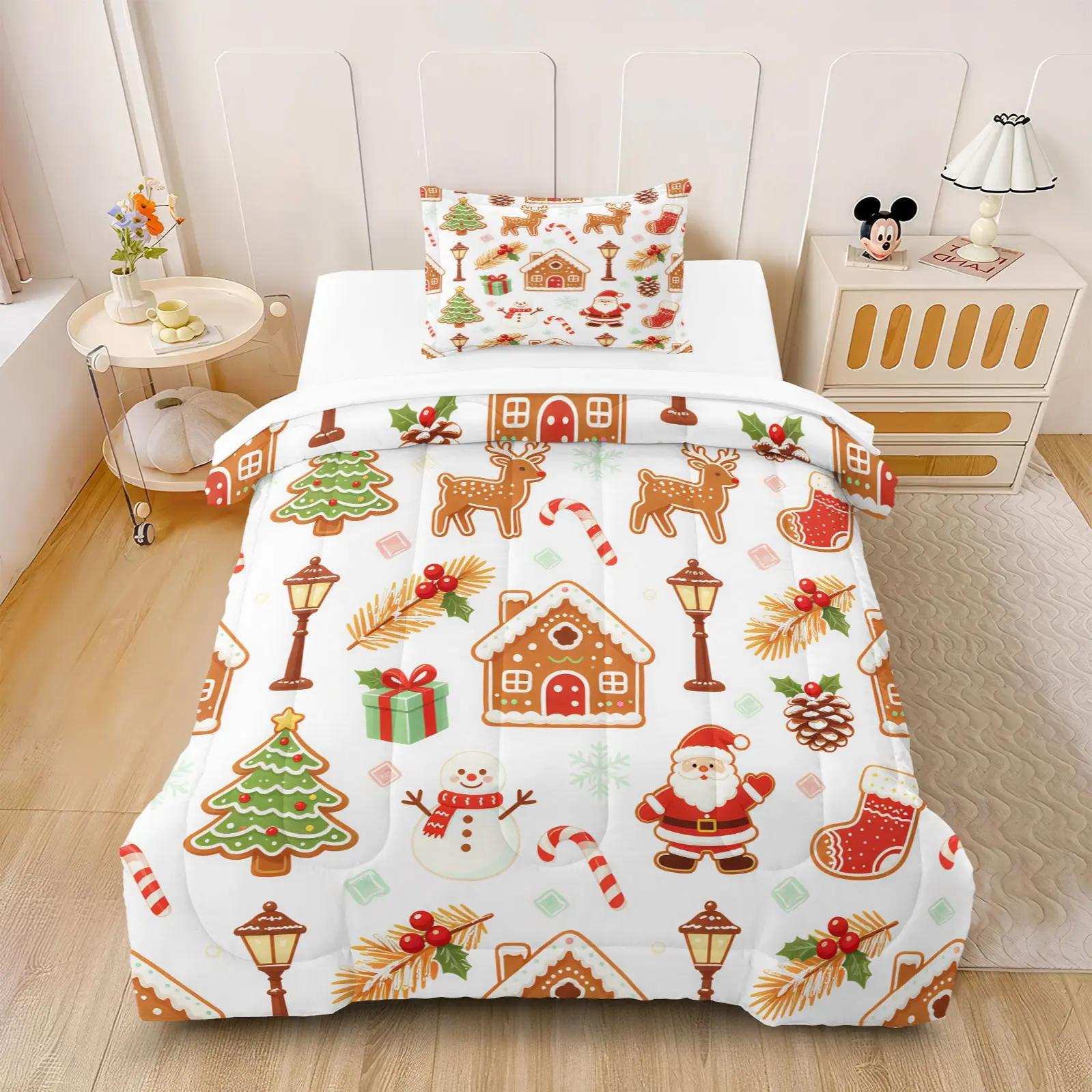 2/3Pcs Vintage Cartoon Santa Reindeer Christmas Tree HD Digital Print Comforter Set, Fluffy Washable Fill For Single Holiday Girls All Season Winter Bedroom (With Fillers, No Pillow Inserts)