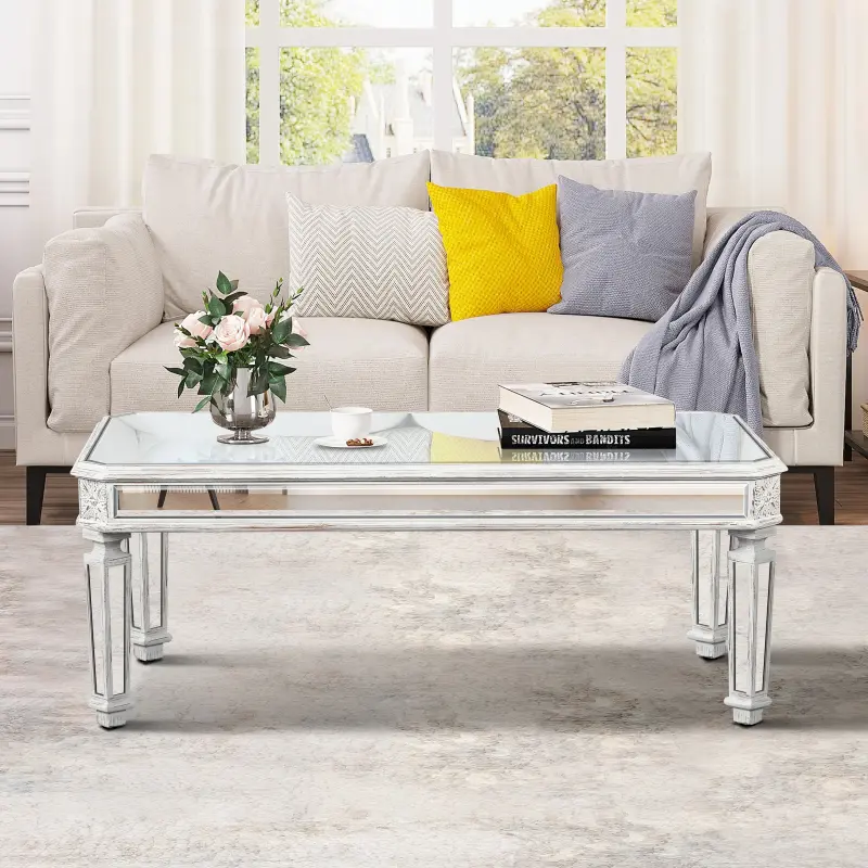 Rectangle Mirrored Coffee Table 48 inches Luxury Center Table with Vintage Carved Frame and Legs Silver Mirror Finish Coffee Table Modern Home Decor for Living Room Bedroom