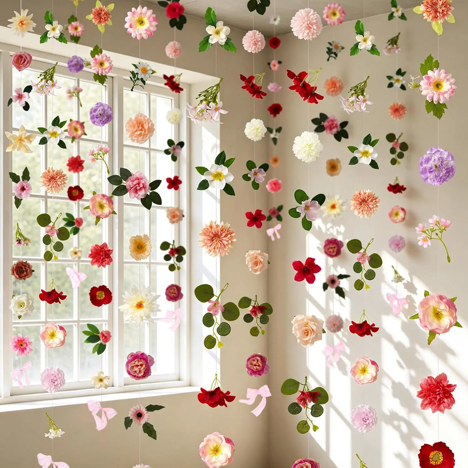 Livole 6Pcs 36Ft Wildflower Garland with Bow Hanging Flower Wall Backdrop| Silk Artificial Floral Vines UV Resistant, Pink Garland for Wedding Bridal Shower Home Garden Party Decor, Fade Resistant