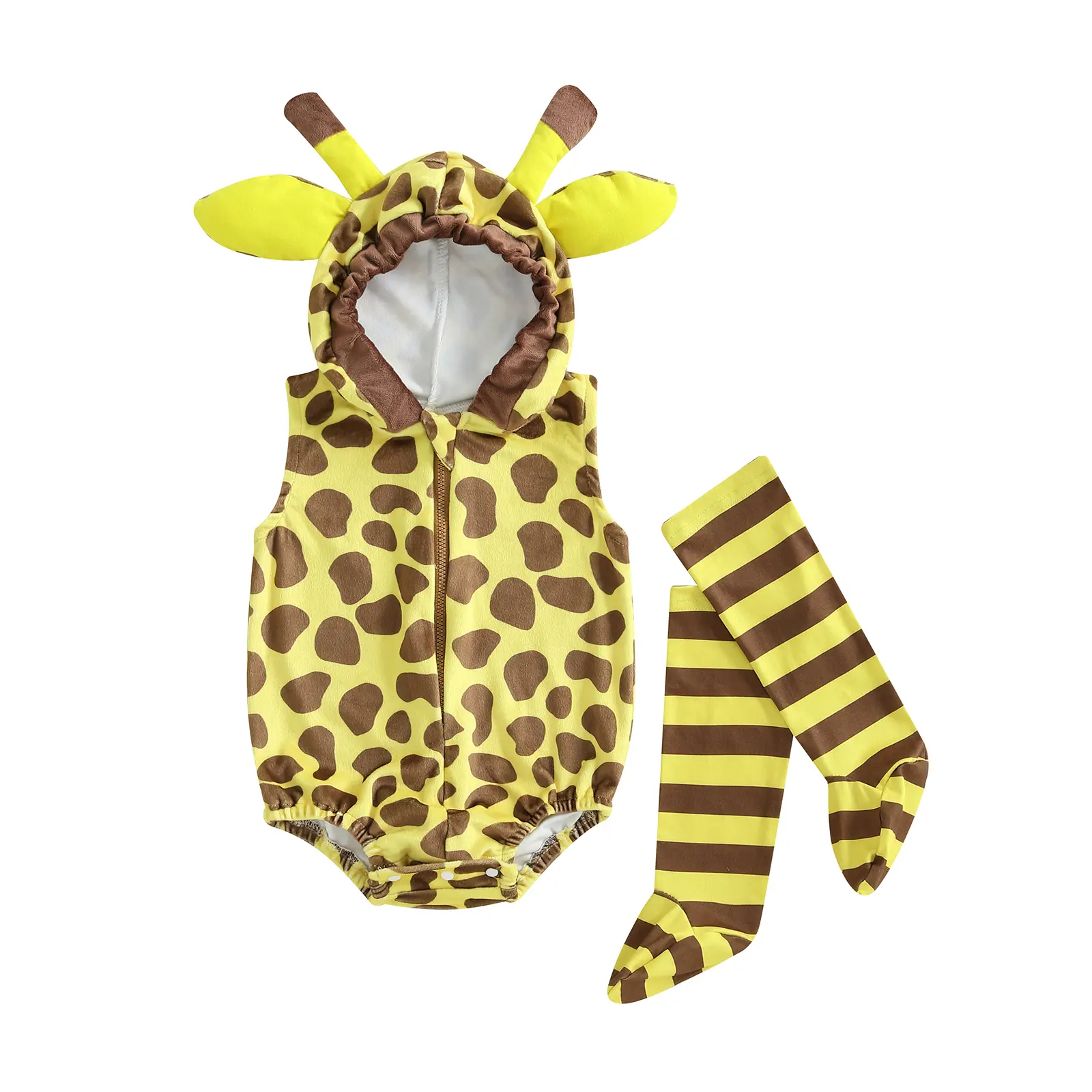 Baby Halloween Giraffe Costume Sleeveless Hooded Romper and Long Socks Set Infant Outfit