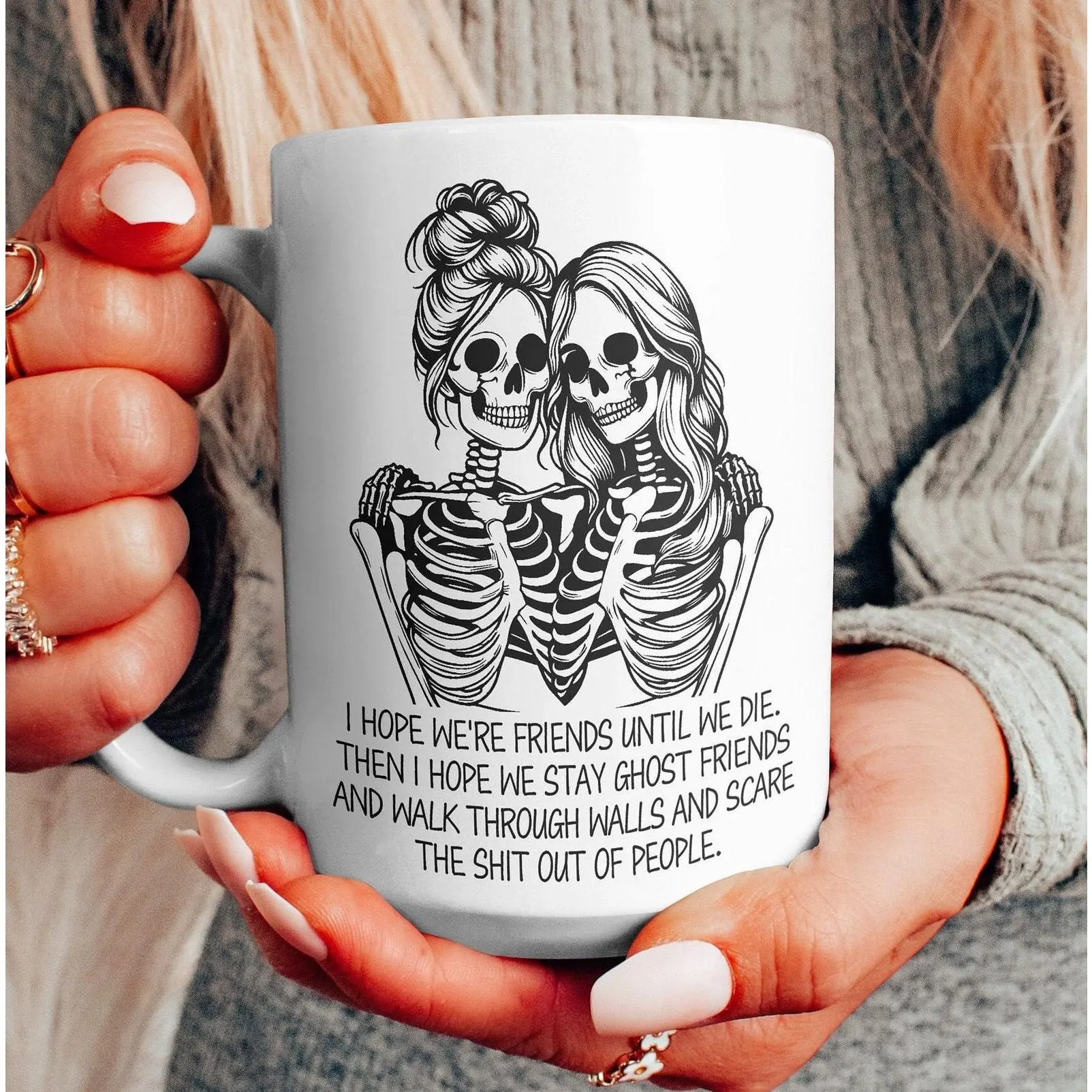 Halloween Theme Sturdy Glossy Skeleton Print Ceramic Mug - Reusable, Washable Ghost Best Friend Drinkware, Holiday Gift for Kitchen Use