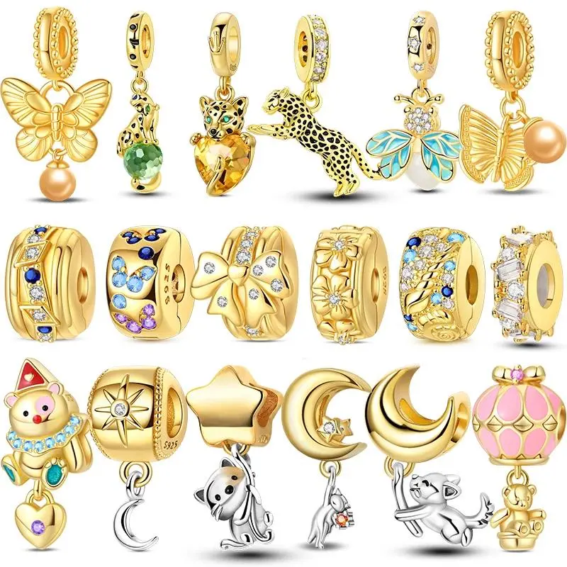 Original Charms Beads 925 Sterling Silver Golden Leopard Firefly Butterfly Hot Air Balloon Beads Fit DIY Bracelet Fine Jewelry