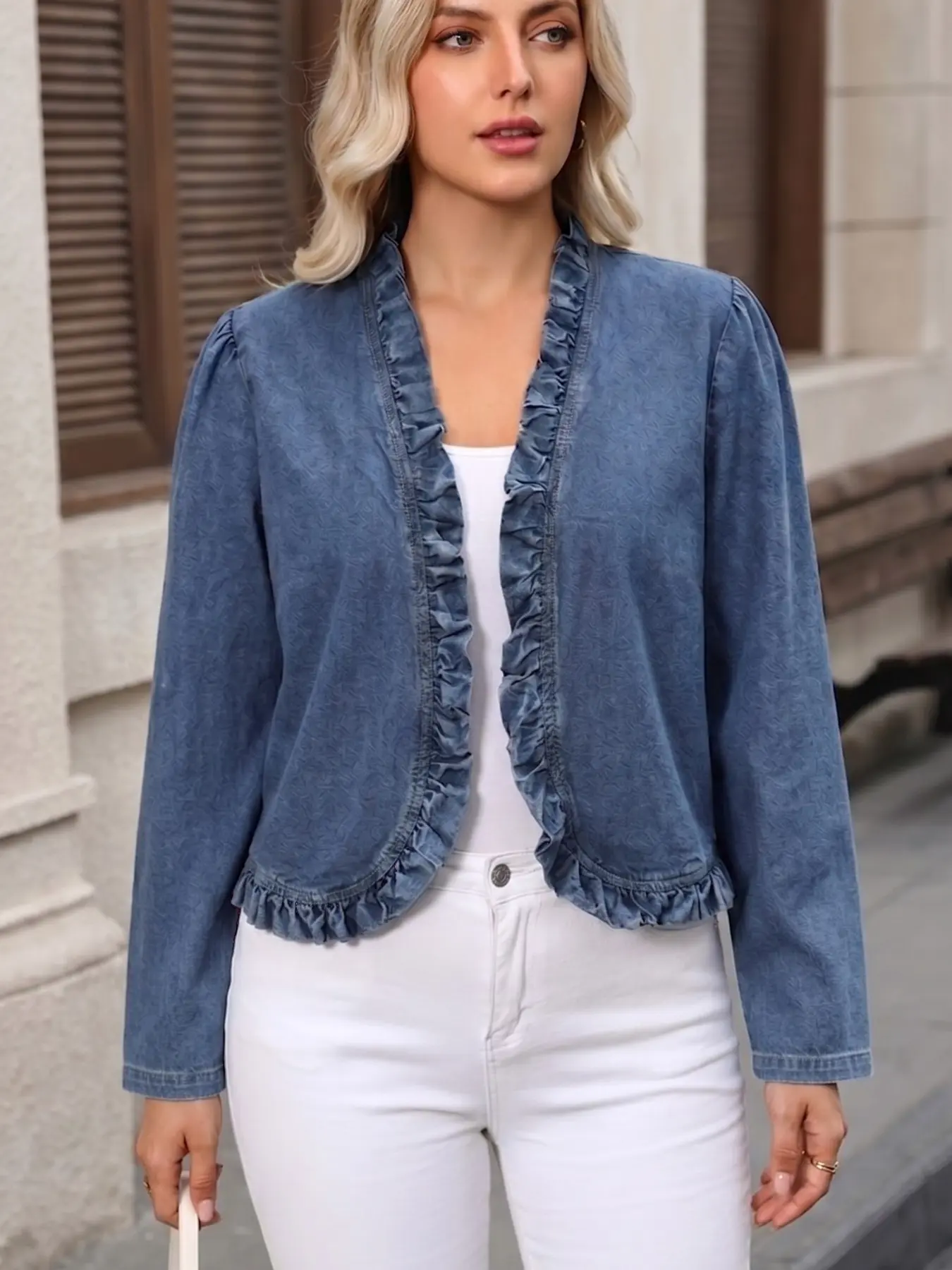 Plus Size Women's Front Open Ruffle Jean Jacket, Bubble Long Sleeve Hemmed Edge Flounce Loose Washed Denim Coat, Elegant Casual Layering Top