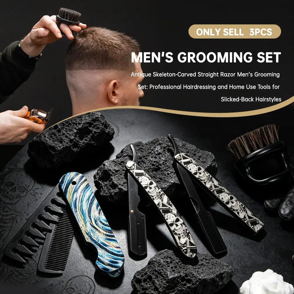 Men's Vintage Shaving Kit, 3-Piece Set with Carved Folding Razor, Dual-Teeth Comb, Beard Brush, Portable Grooming Tools