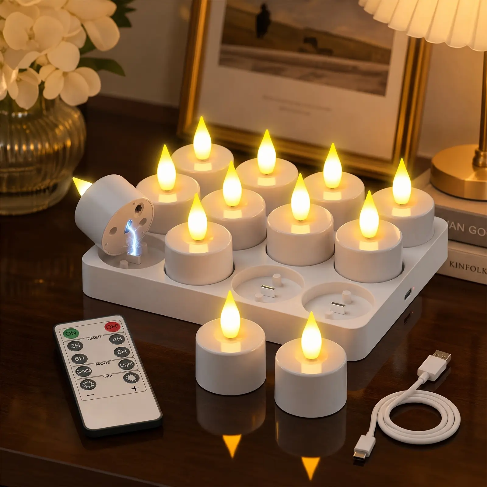 12pcs Rechargeable Tea Light Candle Set (Includes Charging Base And Remote Timer), Flame-Free LED Tea Lights, Battery-Powered, Halloween Christmas Fall Winter Wedding Table Decor