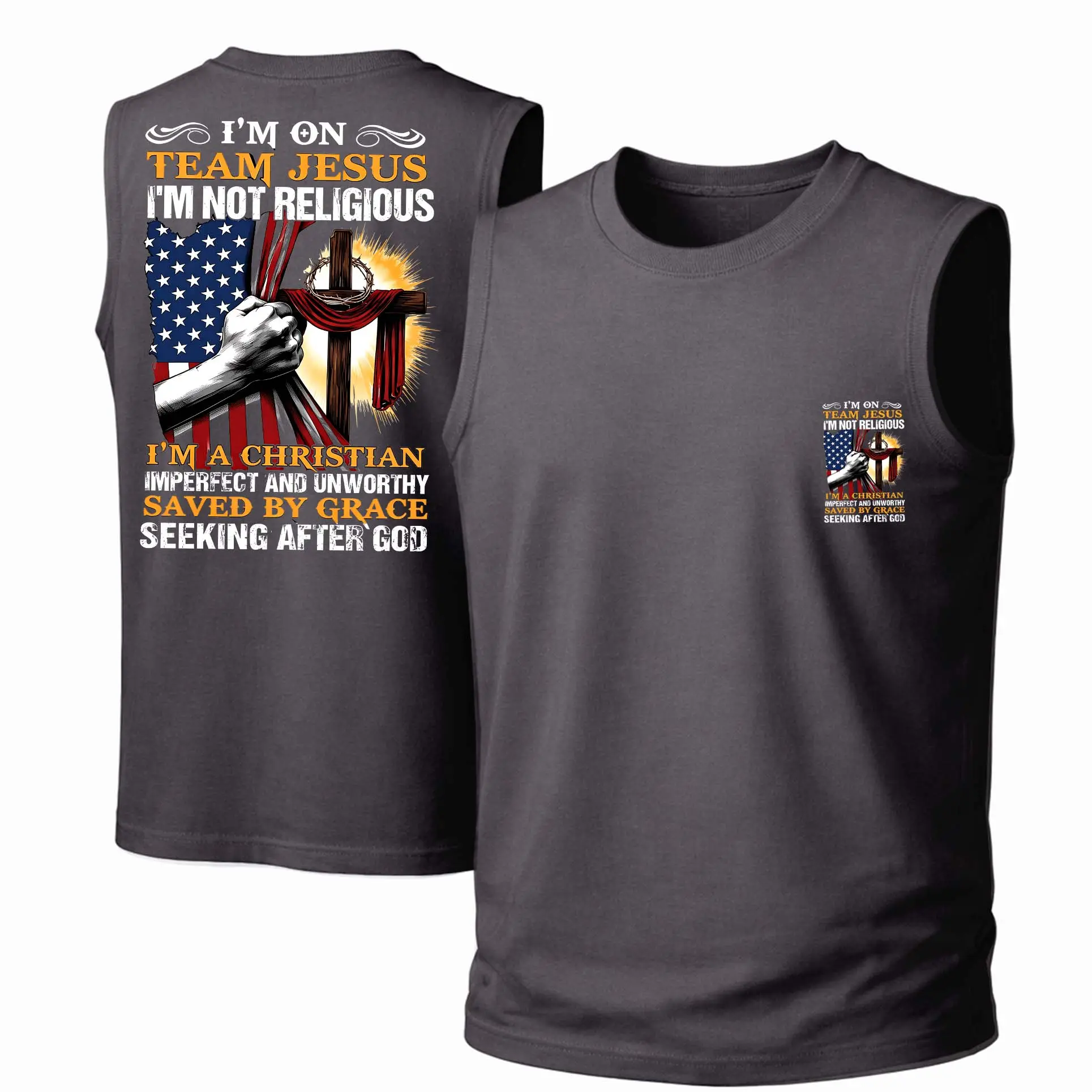 Men's Cotton Tank Top with 'Team Jesus' Graphic Print, Unisex Streetwear Garment, Loose Fit Breathable Fabric for Casual Wear, Menswear, Soft, Round Neck, All-Season, Outdoor, Sleeveless, Hand Wash, Printed