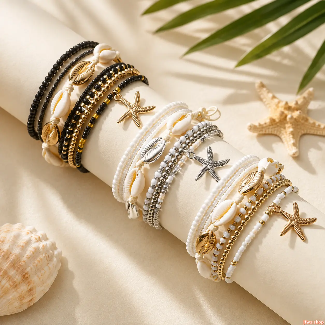 Female Adjustable Boho Starfish Shell & Bead Layered Anklet Set, Summer Beach Stretch Foot Jewelry Accessories for Vacation, Layered Set sohochic