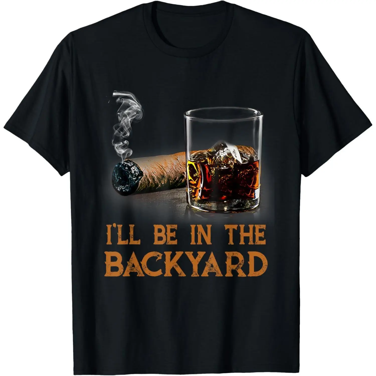 Women's Basic Lifestyle Round Neck Short Sleeve Whiskey Graphic T-Shirt - Casual Breathable Cotton Clothes, 'I'll Be In The Backyard' Slogan, Fitted Bow Back, For Bourbon Lovers