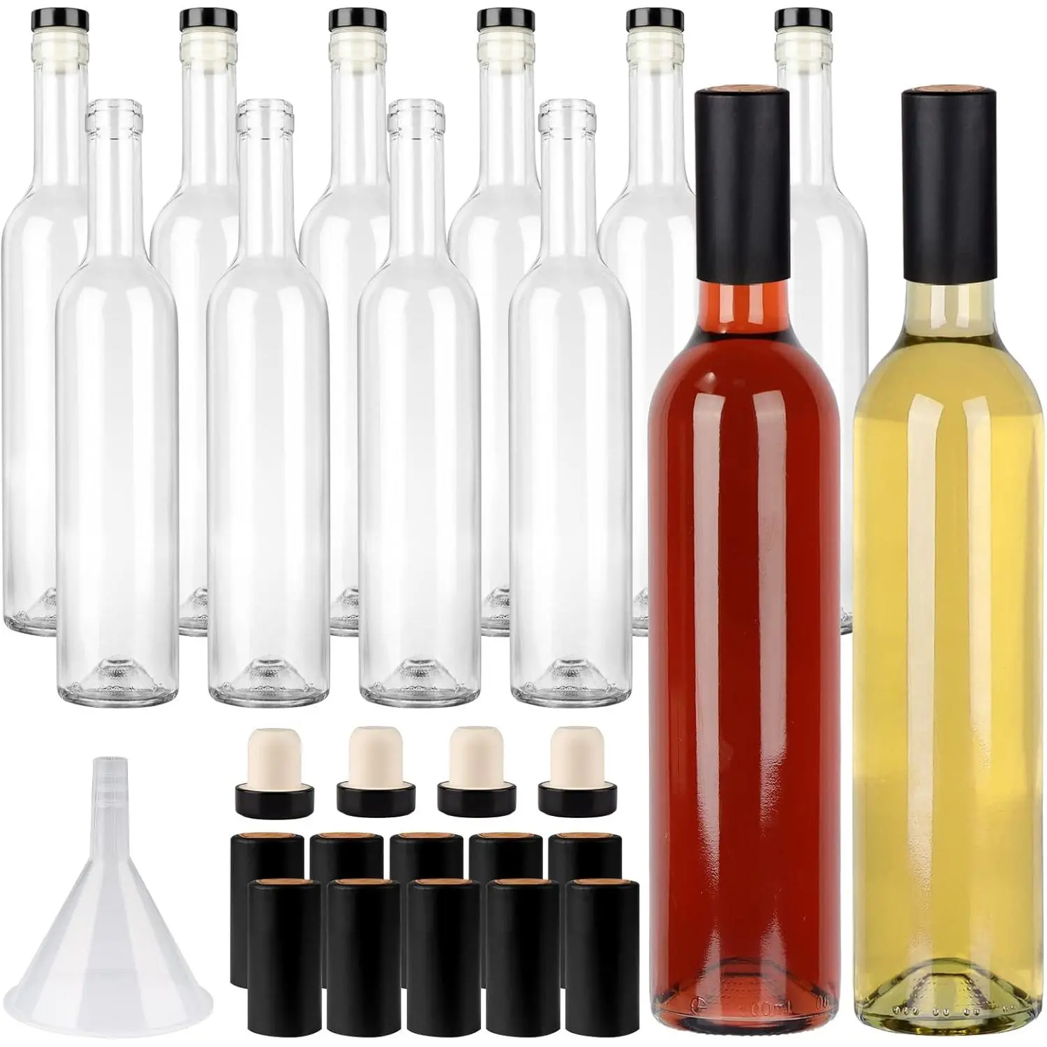 12 Pack 16oz Clear Glass Bottles with Cork Lids and PVC Shrink Capsules, 500 ml Empty Home Brewing Wine Bottles with Funnel for Sparkling Wine, Juice, Kombucha, Beverages
