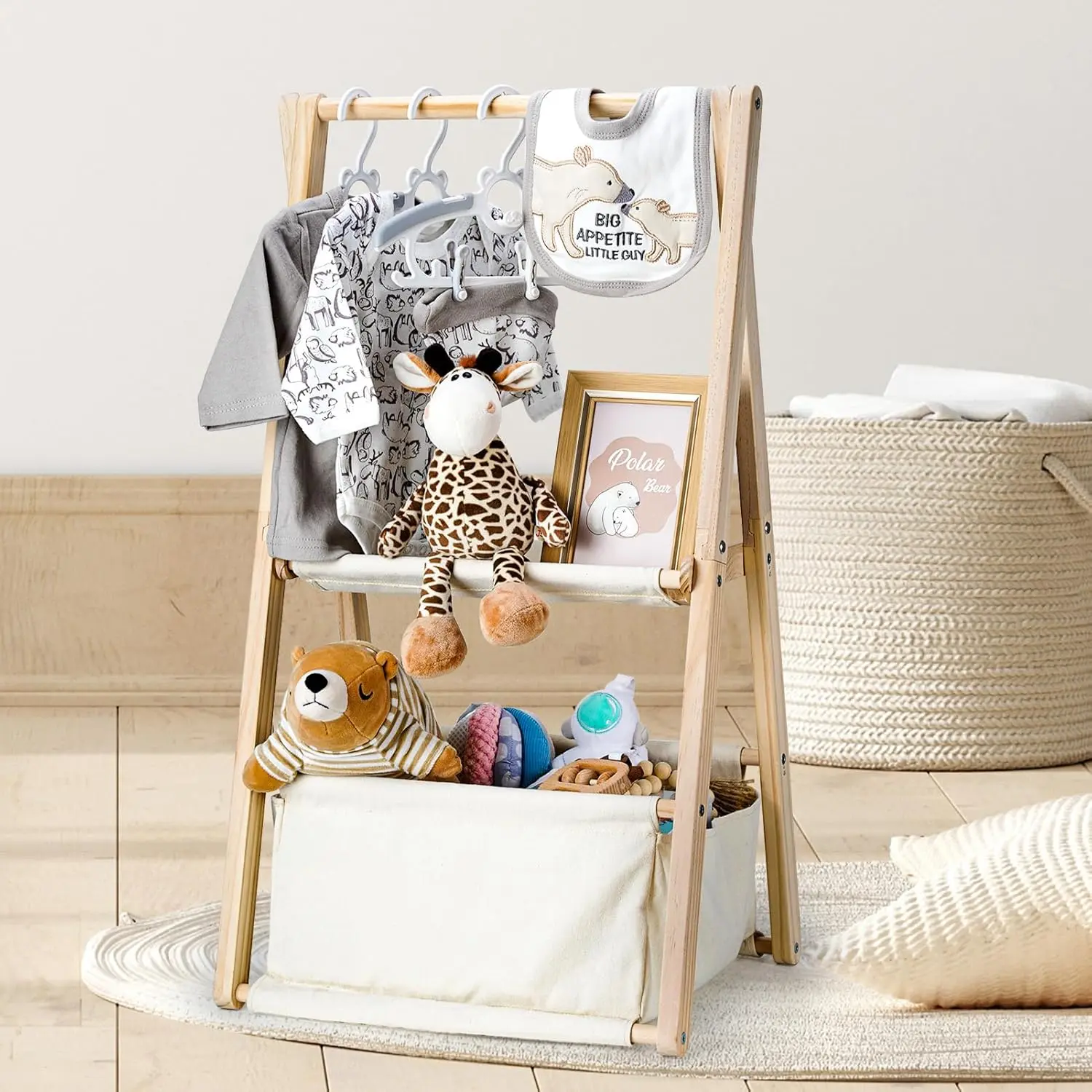 GiftAmaz Wooden Baby Shower Crate Closet, Double-Layered Baby Basket |   Baby Storage Crate with Hangers for Nursery, Newborn Baby Clothing Rack for Baby Shower, Pregnancy Gifts for New Mom Parents