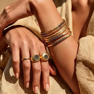 Back to School Supplies Viral Gold Tone Stacked Style Bangle With Black Micro Pave Y2K Baddie Aesthetic Bracelet Jewelry Gift For Her