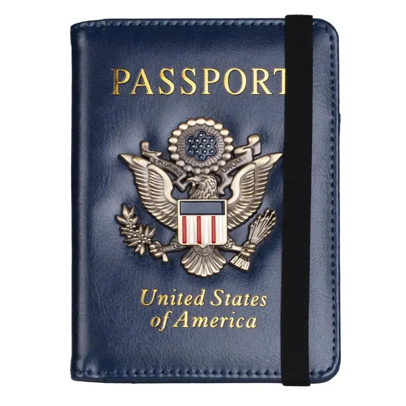 RFID Blocking Passport Holder for Women Men, RFID Anti Theft, Leather Passport Travel Wallet with Metal 3D Metal Badge, Travel Document Holder Cover Accessories (Dark Blue)