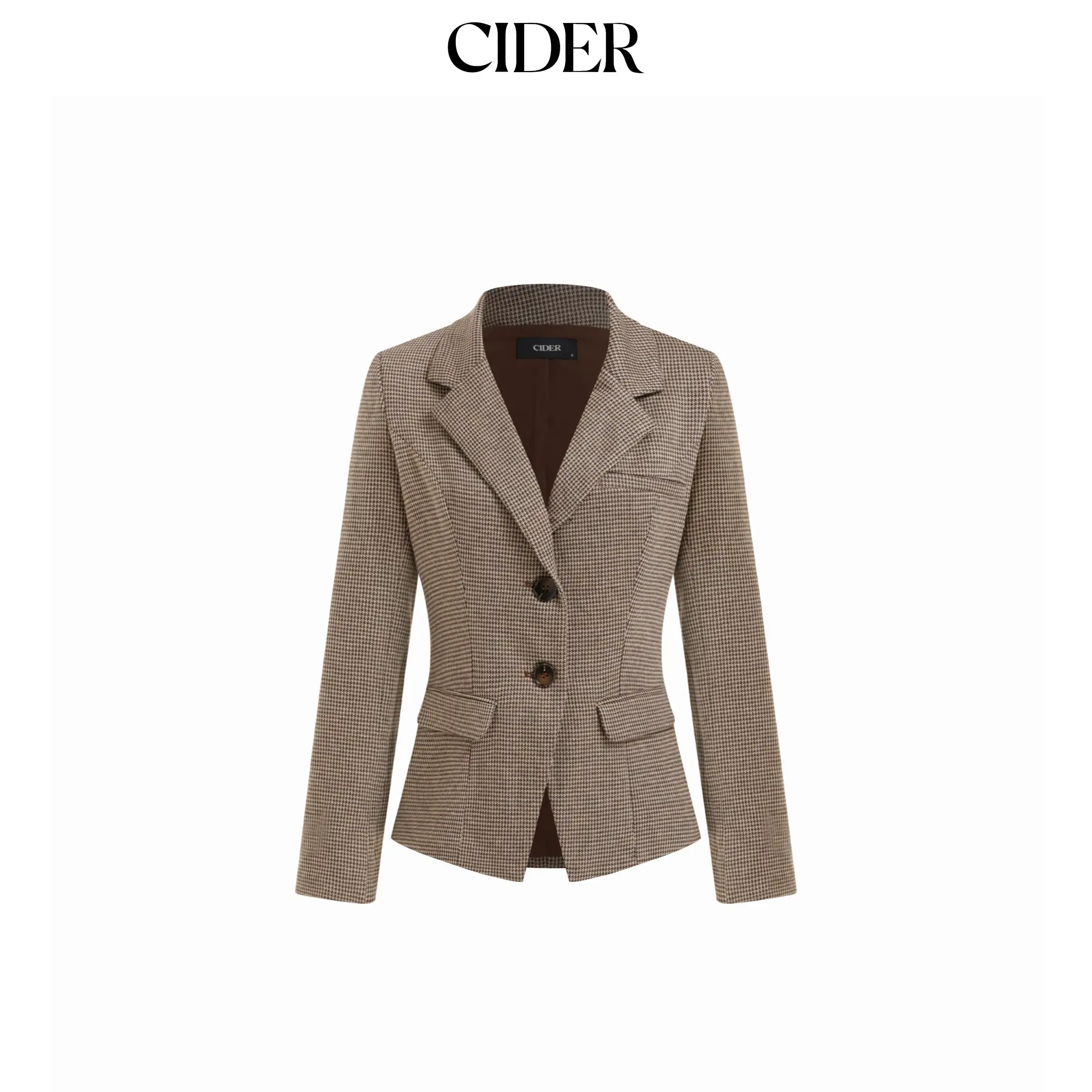 Cider Notched Collar Houndstooth Cinched Waist Blazer SohoChic