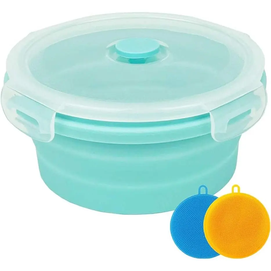 Small Collapsible Bowl   Storage Containers Collapsible Camping Bowl for Travel Camping Hiking with Airtight Plastic  and 2Pack  Dish Sponges- Blue, 350ml
