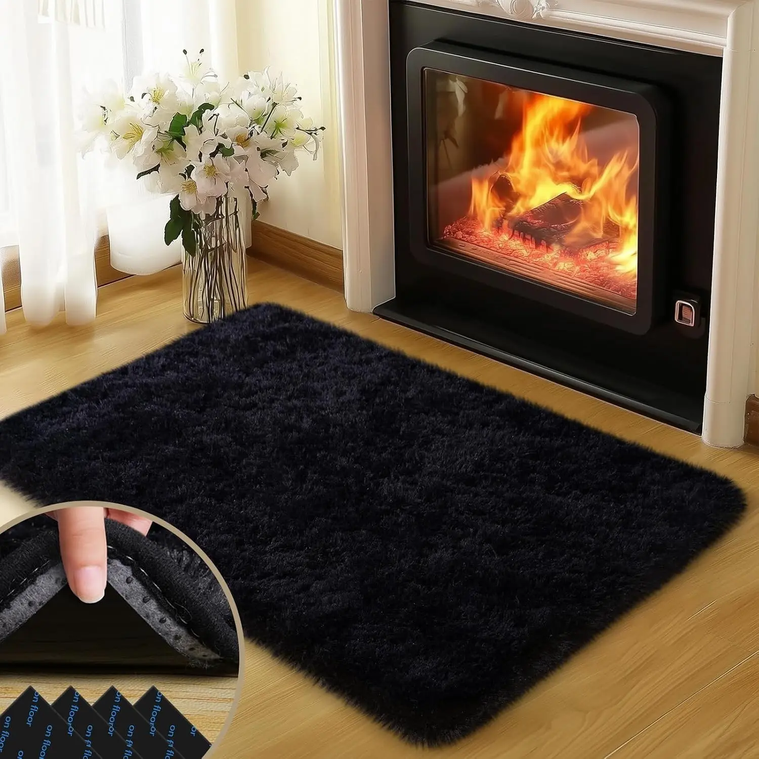 Black 2x3 Feet Fluffy Area Rug, Soft Shag Small Carpet for Bedroom Living Room Kids Nursery Bedside Indoor Dorm DecorGift