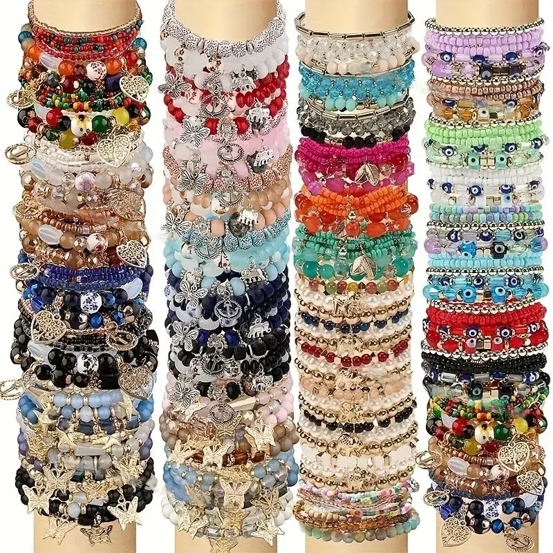 24pcs Mixed Bohemian Multicolor Glass Elastic Beaded Bracelet Set - 32/48/69pcs Options, Bracelet with Charms (Heart, Tree, Butterfly), Bohemian Jewelry for Anniversaries, Casual Wear