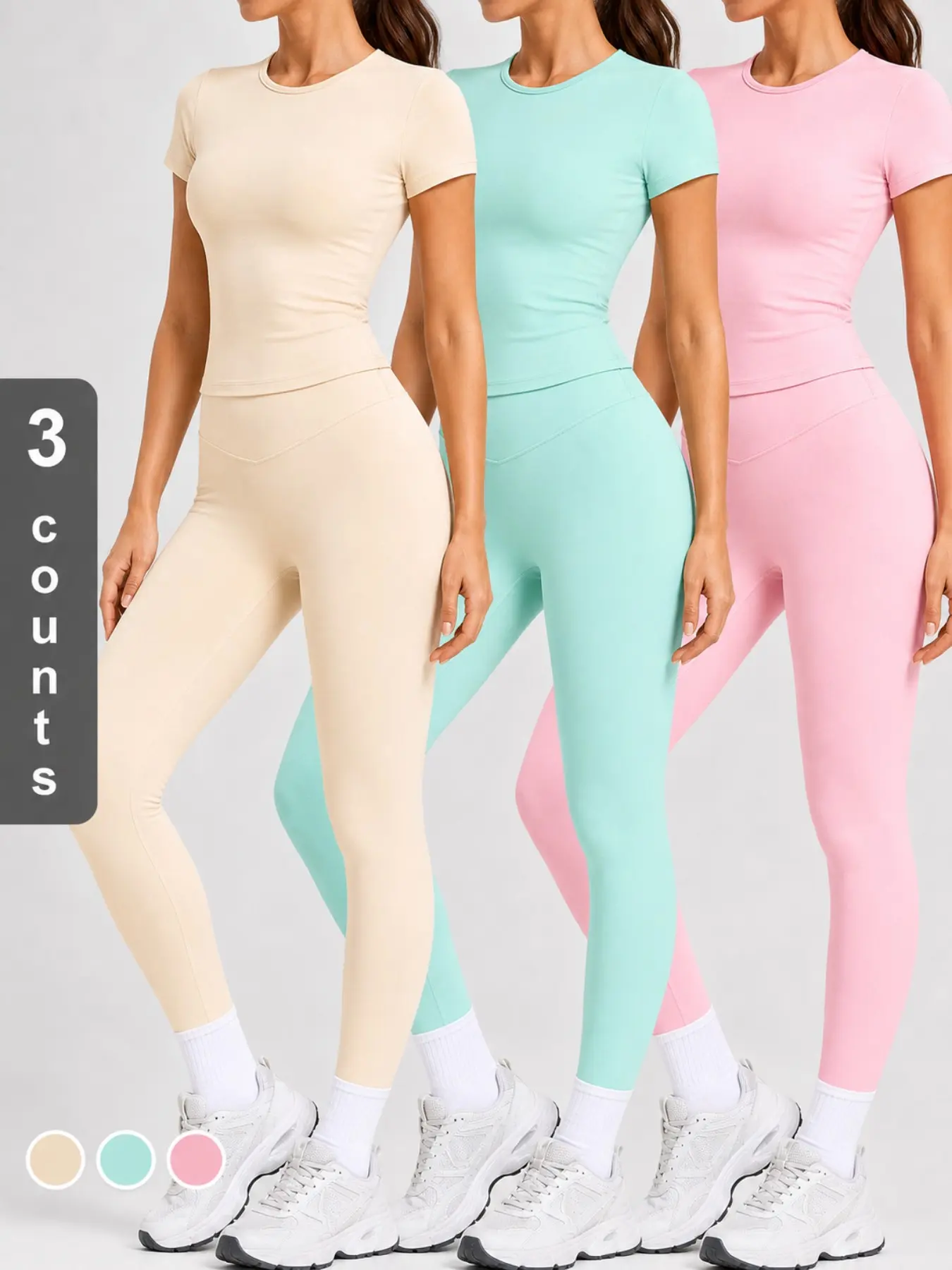 Women's 2 Piece Workout Outfit Sets, Short Sleeve Crew Neck Crop Top High Waist V-Cut Yoga Leggings, Casual Athletic Activewear Tracksuit