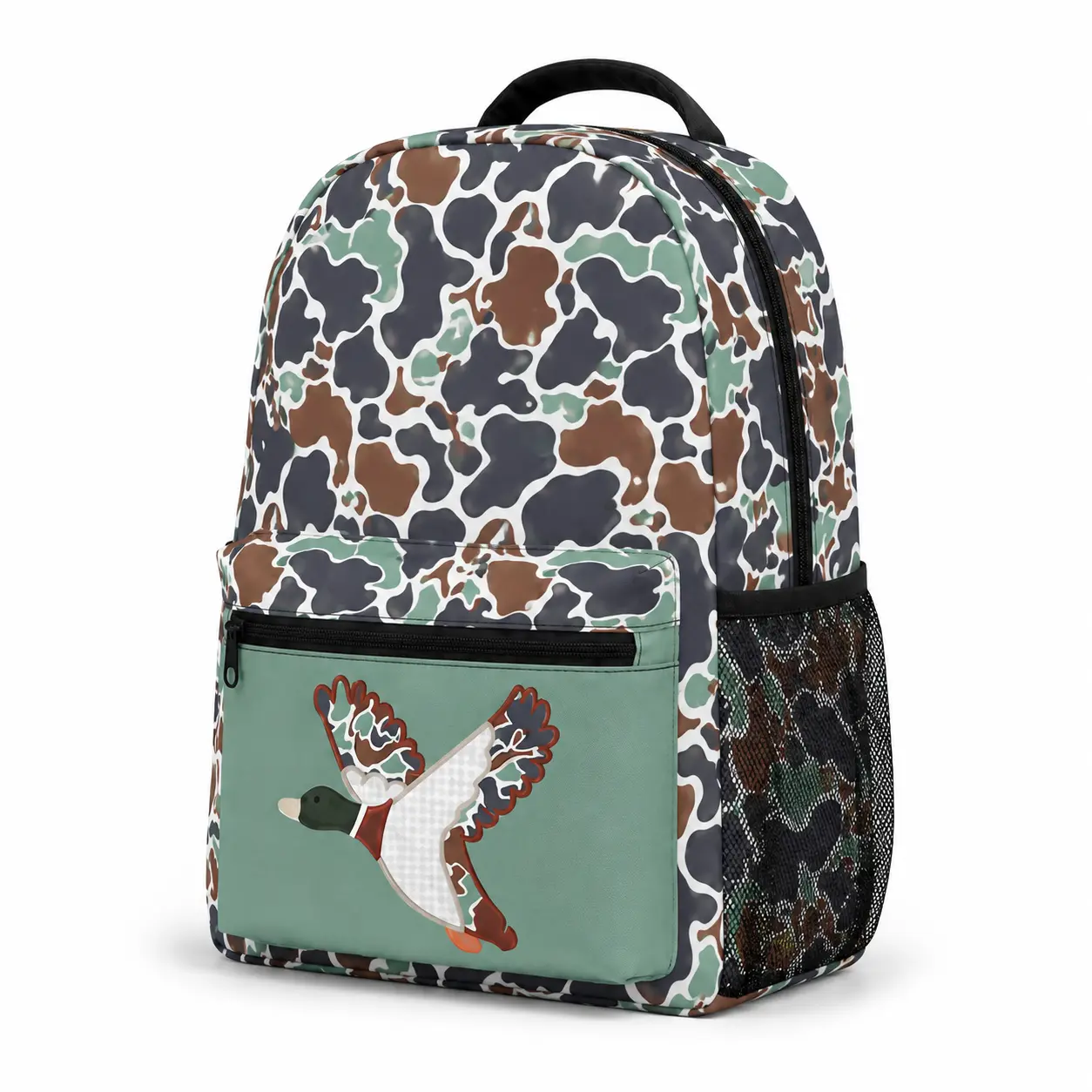 Duck Camo Backpack, Green Brown Hunting Style School Bag with Cute Mallard Graphic, Lightweight Student Bookbag for Boys Girls, Side Mesh Pocket, Front Zipper Pocket, Top Handle, Casual Travel Daypack, Back to School Gift for Elementary Students