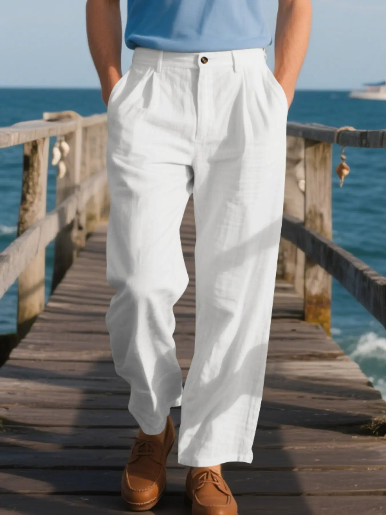 Men's High Waist Pleated Linen Straight Pants, Casual High Rise Classic Zip Fly Loose Fit Textured Casual Slacks, Lightweight Wrinkle Free Formal Bottoms for Office Streetwear Summer Holiday