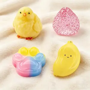 4Pcs Squishy Paw & Chicken Squishies Set – No Fuzz Big Soft Squeeze Toys, Sticky Handmade Feel, Cat Paw + Strawberry + Banana + Chick, Stress Relief Gift for Adults with Gift Packing