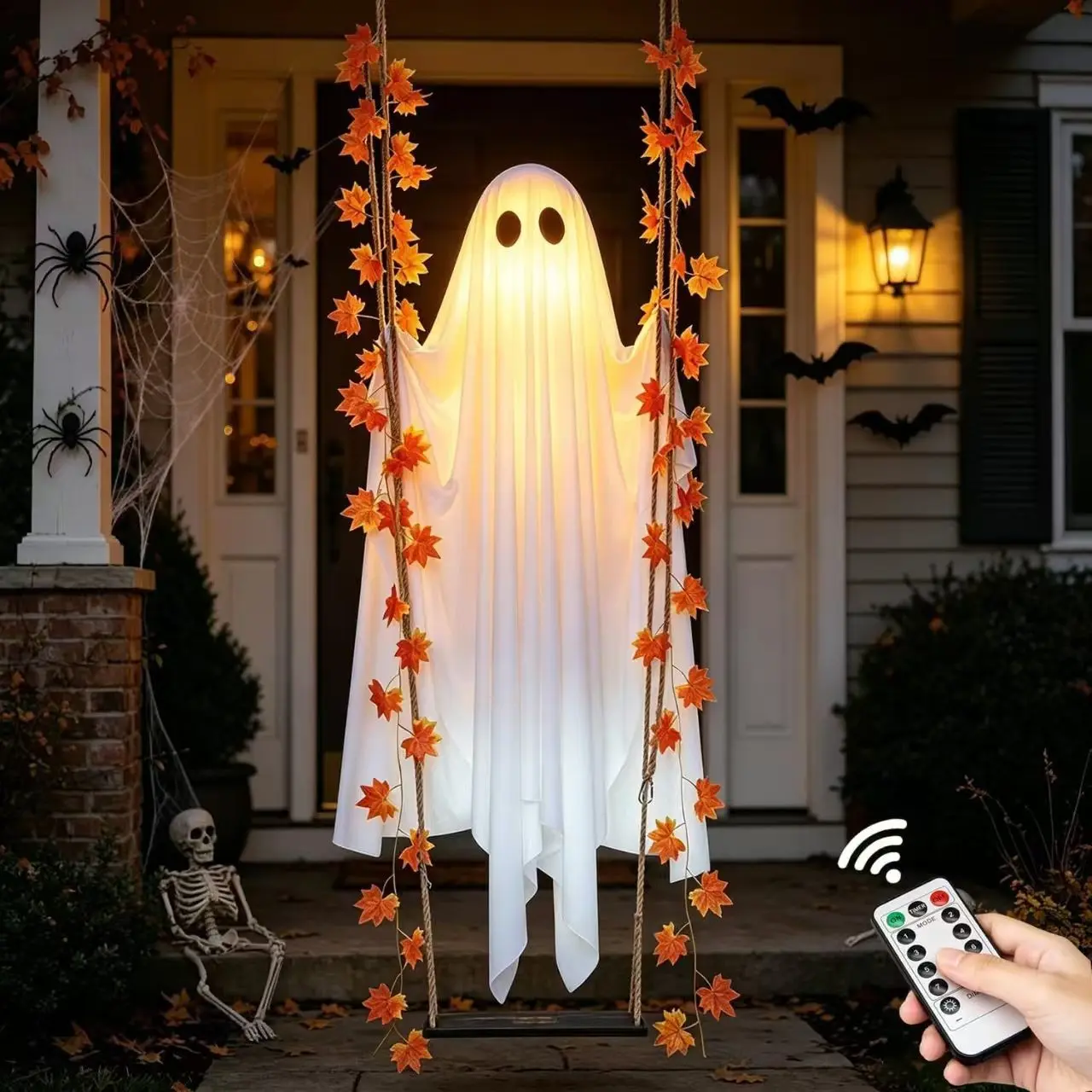 Maple Leaf Ghost Swing Ornament Halloween Party Decor, Indoor Outdoor Atmosphere Hanging Decoration, Halloween Event Props