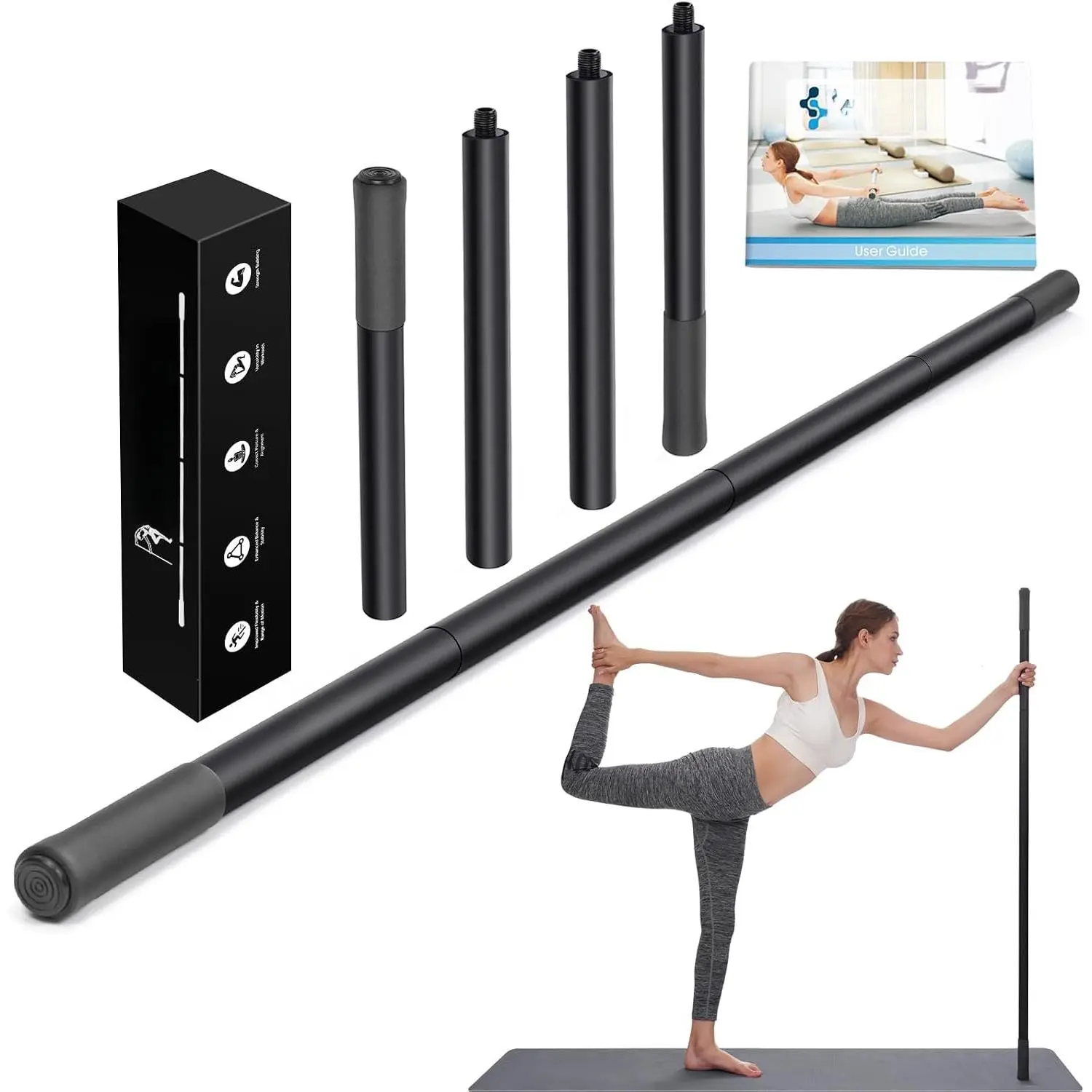 Adjustable Yoga Stick (30/45/60 in), Fully -Sleeved Steel Stretching & Mobility Stick with Exercise Guide, Portable Fitness & Rehab Tool, Carry Bag Included