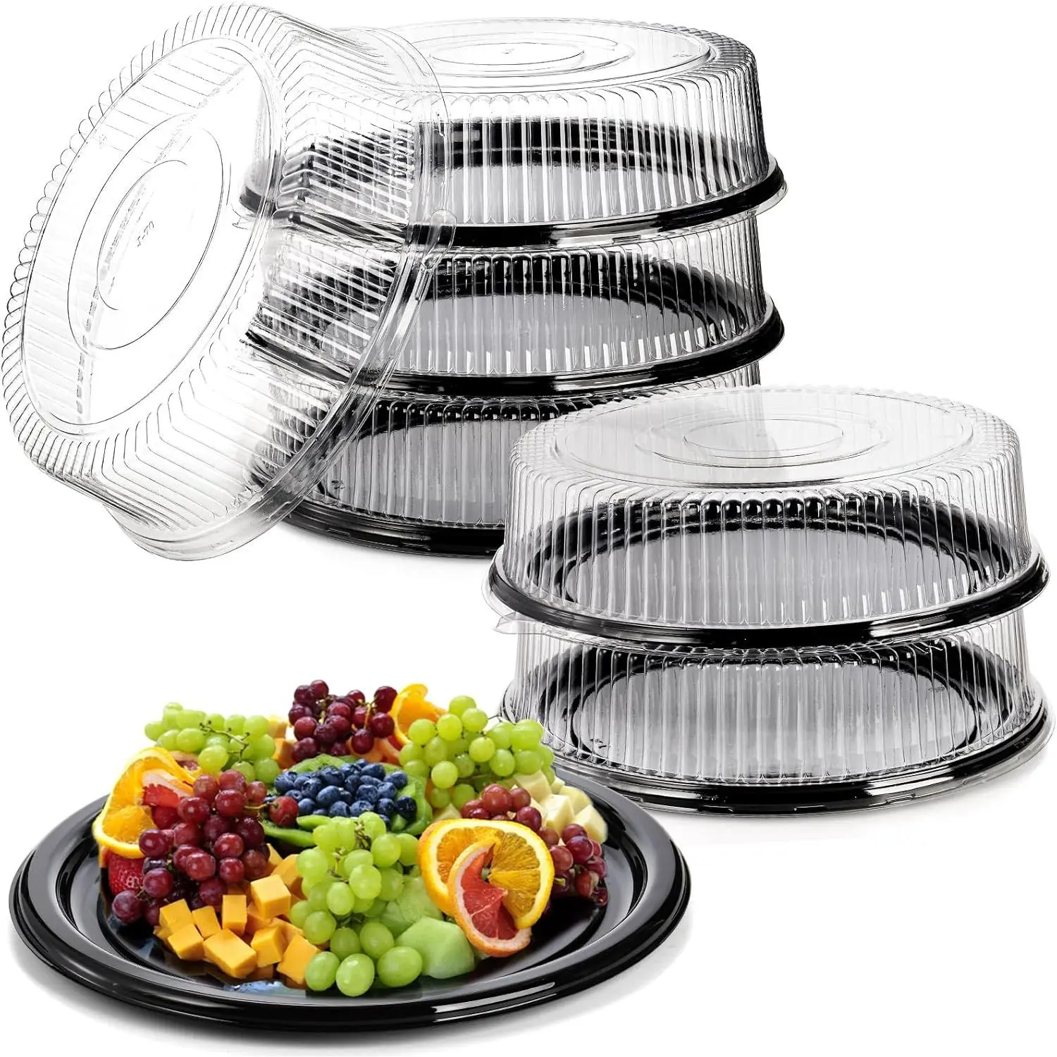 6 Pack 16 inch Plastic Serving Tray with Clear Lid, Heavy Duty Round Large Appetizer Serving Trays Catering Tray Party Platters for Vegetable Catering Picnic