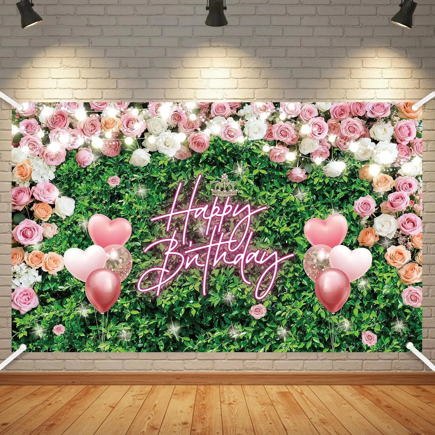 Green Floral Birthday Backdrop Decoration –  Neon Happy Birthday Backdrop for Women Girls 6×5 ft Leaves Rose Birthday Wall Backdrop Personalized Backdrop for Birthday Cake Table Decor