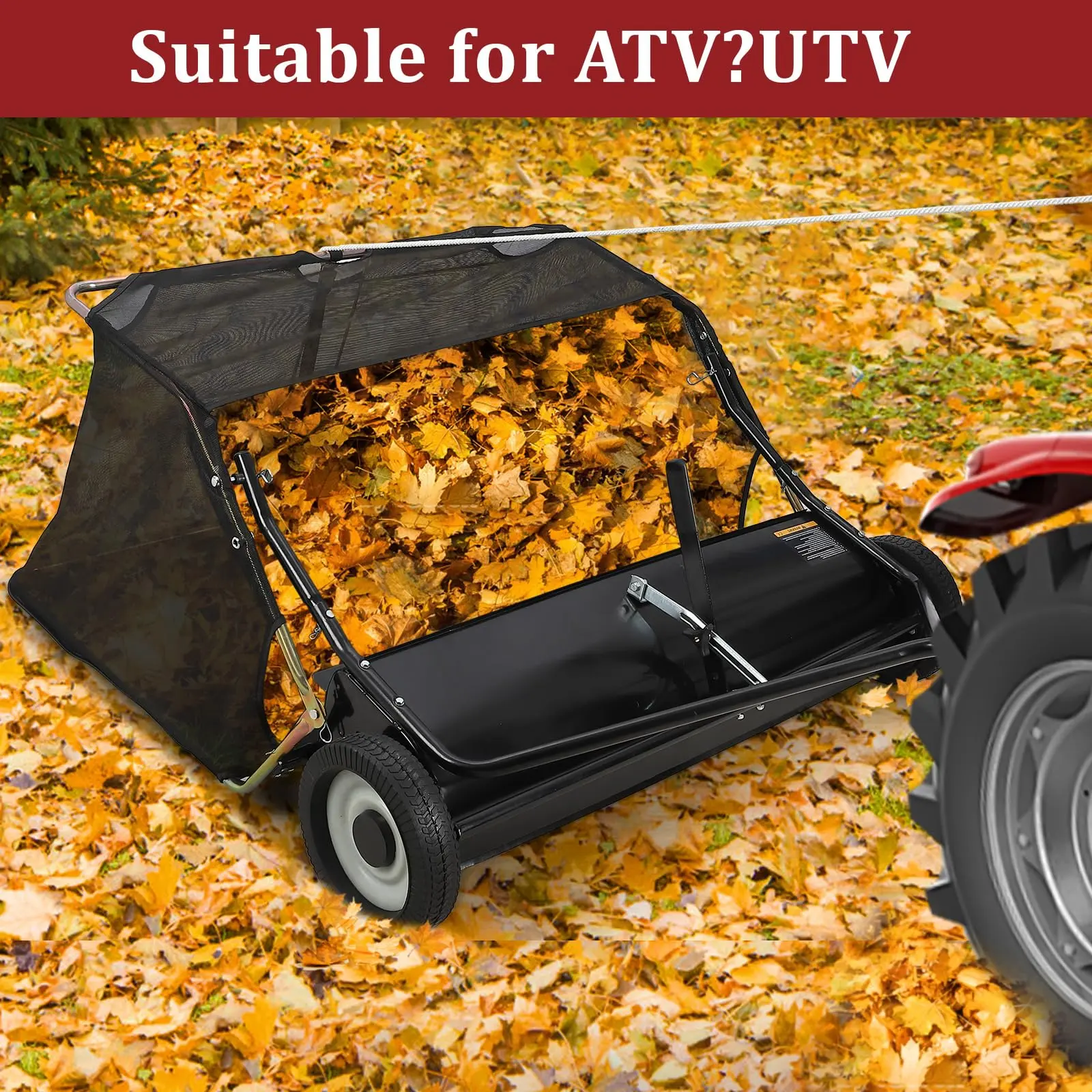 GARVEETow-Behind Lawn Sweeper with Large Capacity, Heavy-Duty Design, Adjustable Sweeping Height, and Convenient Dumping Rope for Efficient Leaf and Grass Collection