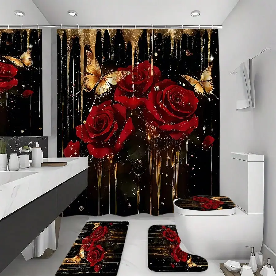 Flannel Retro Vintage 4-Piece Bathroom Set Bundle, Polyester Waterproof Luxury Washable Shower Curtain with 12 Hooks, Non-Slip Bath Mat, U-Shaped Toilet Lid Cover, Retro Rose & Butterfly Print (Gold/Red/Black), for Bathroom Decor