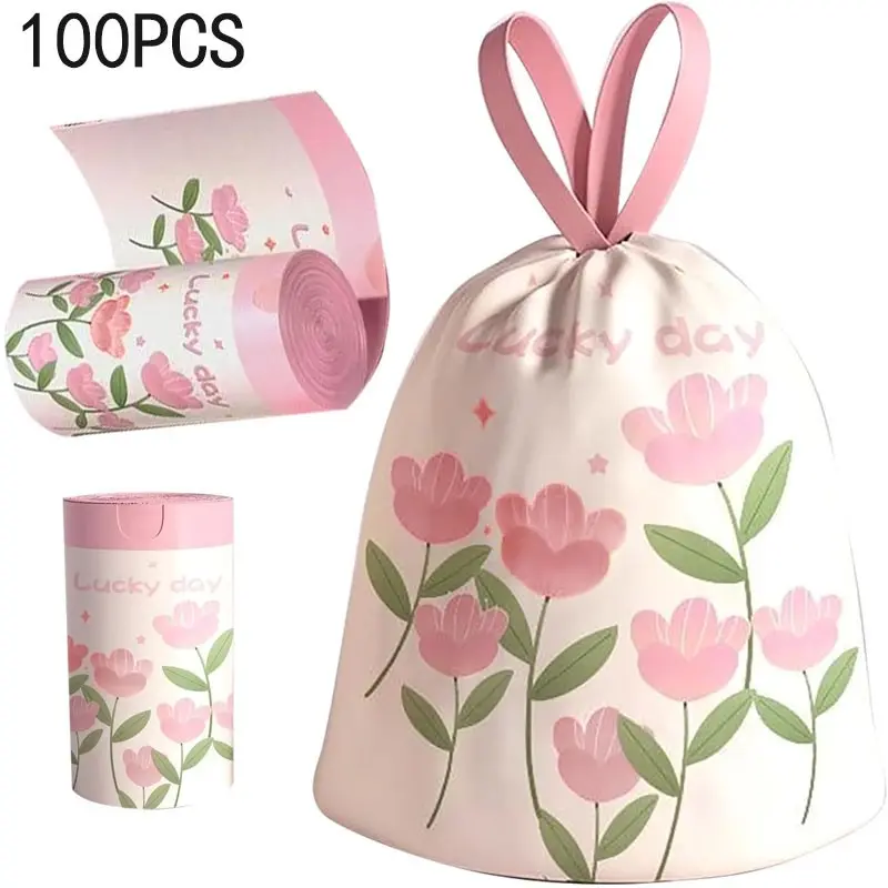 100 packs of thick large-sized drawstring garbage bags with pink lavender fragrance - multi-purpose disposable garbage bags with fragrance lining, suitable for household use - pink flower pattern and "Happy Day" text, tear-resistant design