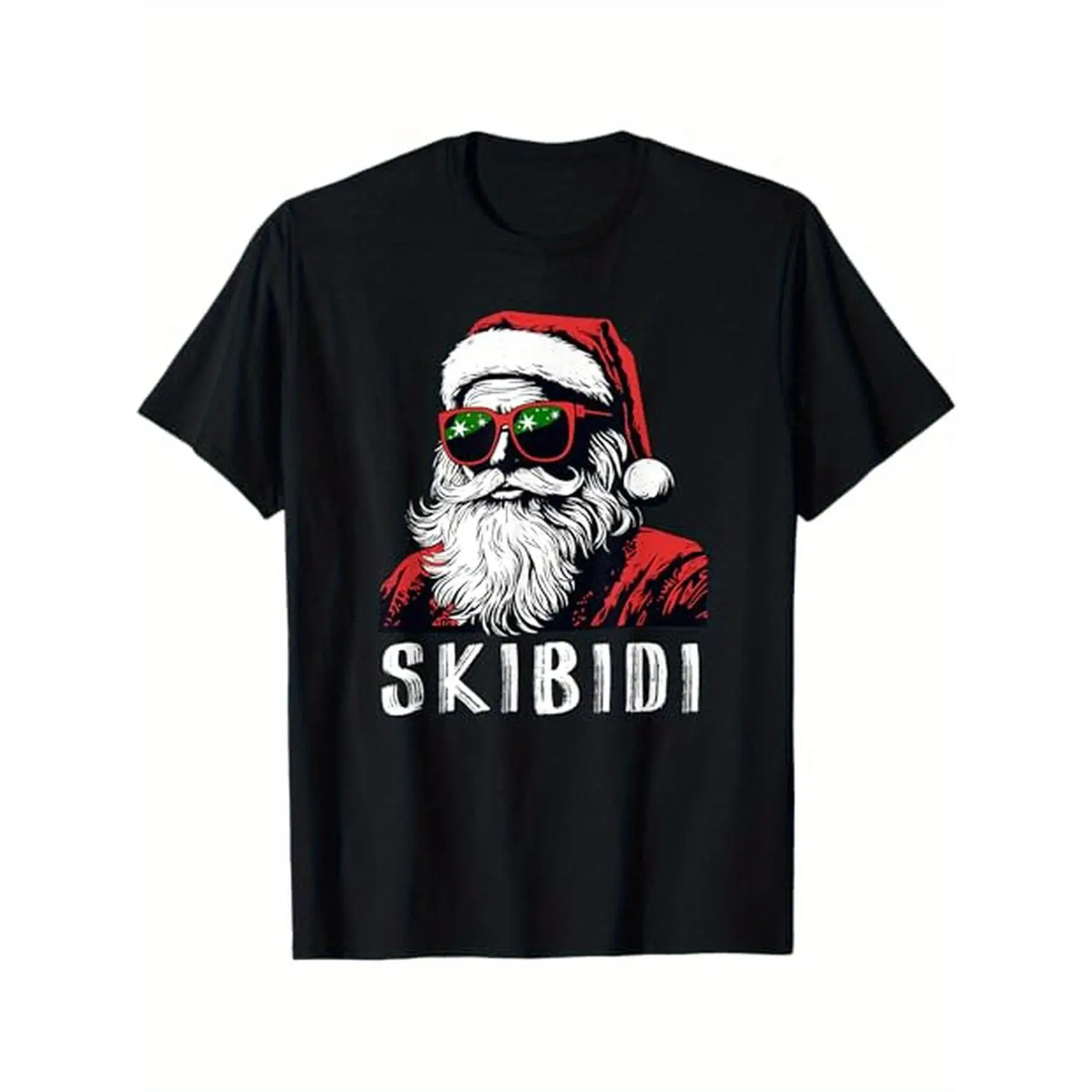 Men's Casual Christmas T-Shirt with Funny Santa Graphic, Regular Fit Crew Neck Polyester Elastane Top, Holiday Gift for Boyfriends and Family, Geometric, Machine Washable, Medium Stretch, Print, Dry Clean, No