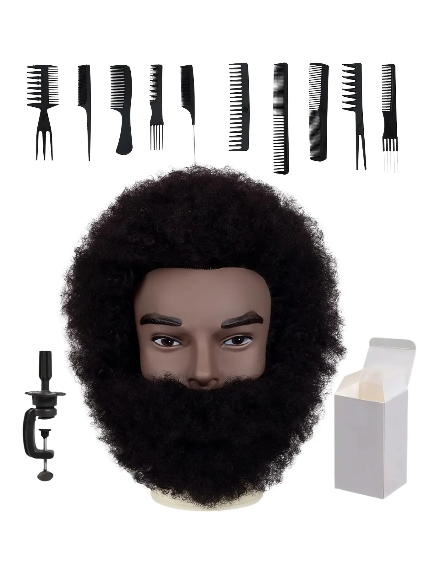 6 Inch Male Afro Mannequin Head With Full Beard 100% Human Hair Natural Black Kinky Curly Barber Training Head For Practicing Braiding Cutting Styling Cosmetology Manikin Head Complete Set With Table Clamp Stand Hair Styling Combs And Gift Box Packaging