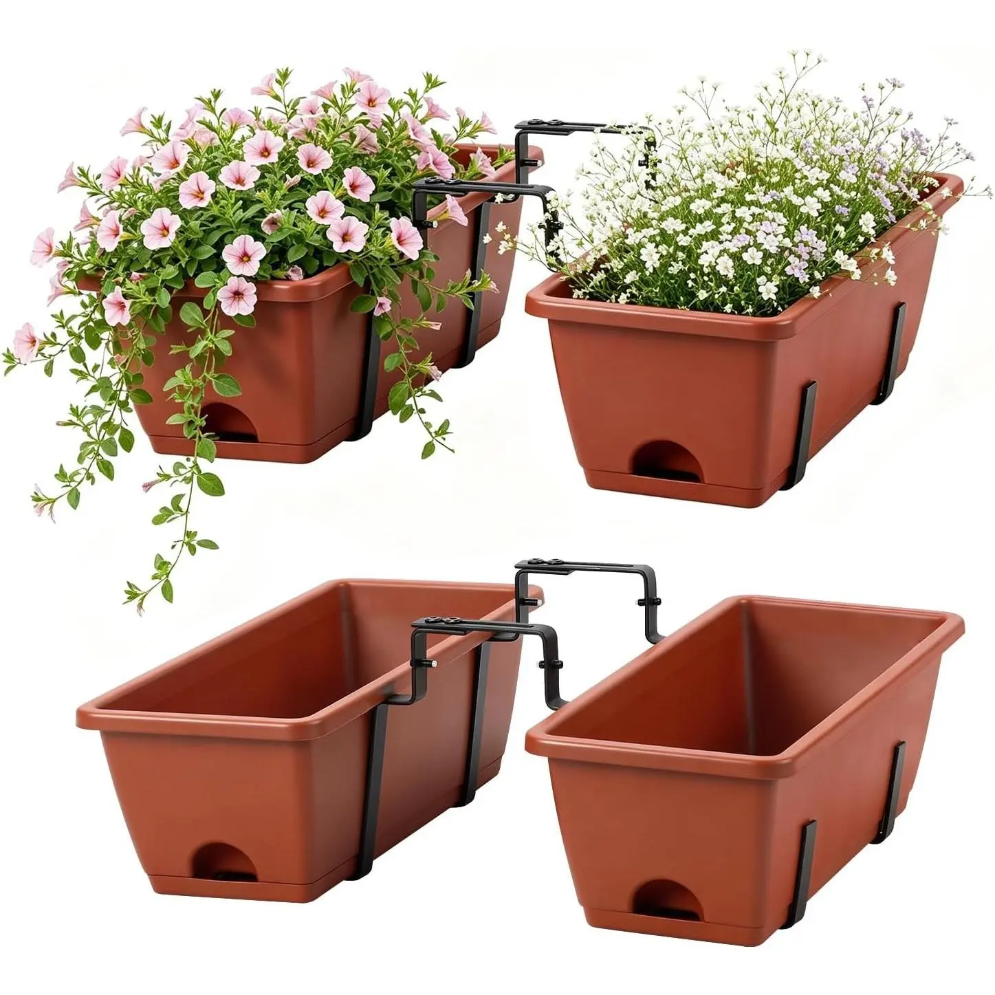 Deck Railing Planter Adjustable Window Box Set of 2 Outdoor Balcony Herb Planter Boxes with Window Plant Hanger, 17 Inch Plastic Hanging Flower Basket Planting Pots for Porch Fence Patio Decor, Red