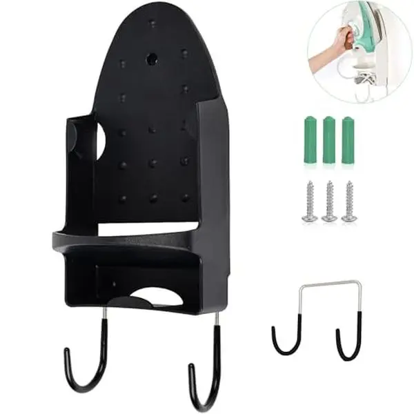Ironing Board Hanger Wall Mount, Iron Hanger with Ironing Board Rack, Heat Resistant Iron Holder Wall Mount for Max 5 Inch Width (Black)
