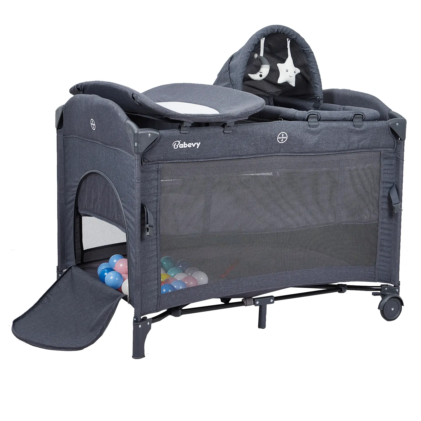 GARVEE 5-in-1 Pack and Play Bedside Sleeper Bassinet with Diaper Changing Station & Hanging Toy, Portable Convertible Nursery Play Yard for Newborns to Toddlers, Grey