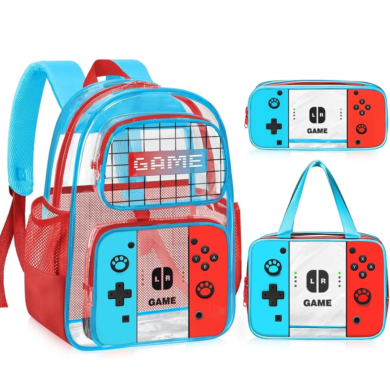 TILYTADLY 3PCS Clear Backpack for School - Gamer Kids Clear Backpacks for Boys and Girls,Heavy Duty Transparent Bookbag with Lunch Bag and Pencil Case - See Through PVC Transparent Bookbag