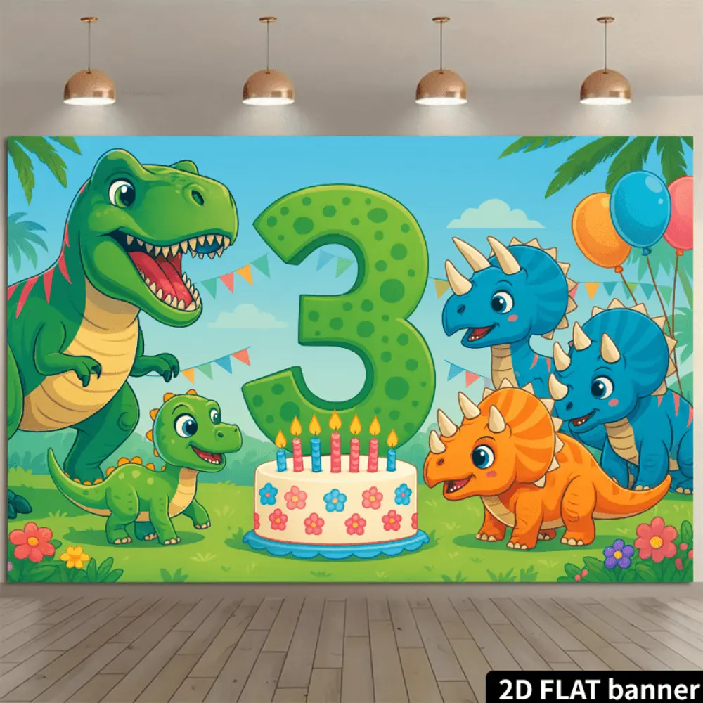 2D Flat HD Digitally Printed Polyester Cute Cartoon Dinosaur 3rd Birthday Backdrop Banner - Soft, Lightweight, Foldable, Portable Cloth for Birthday Decor, Portrait Photography (Cute Festive, Portable Festive Backdrops & Banners), Cute Festive Backdrops &