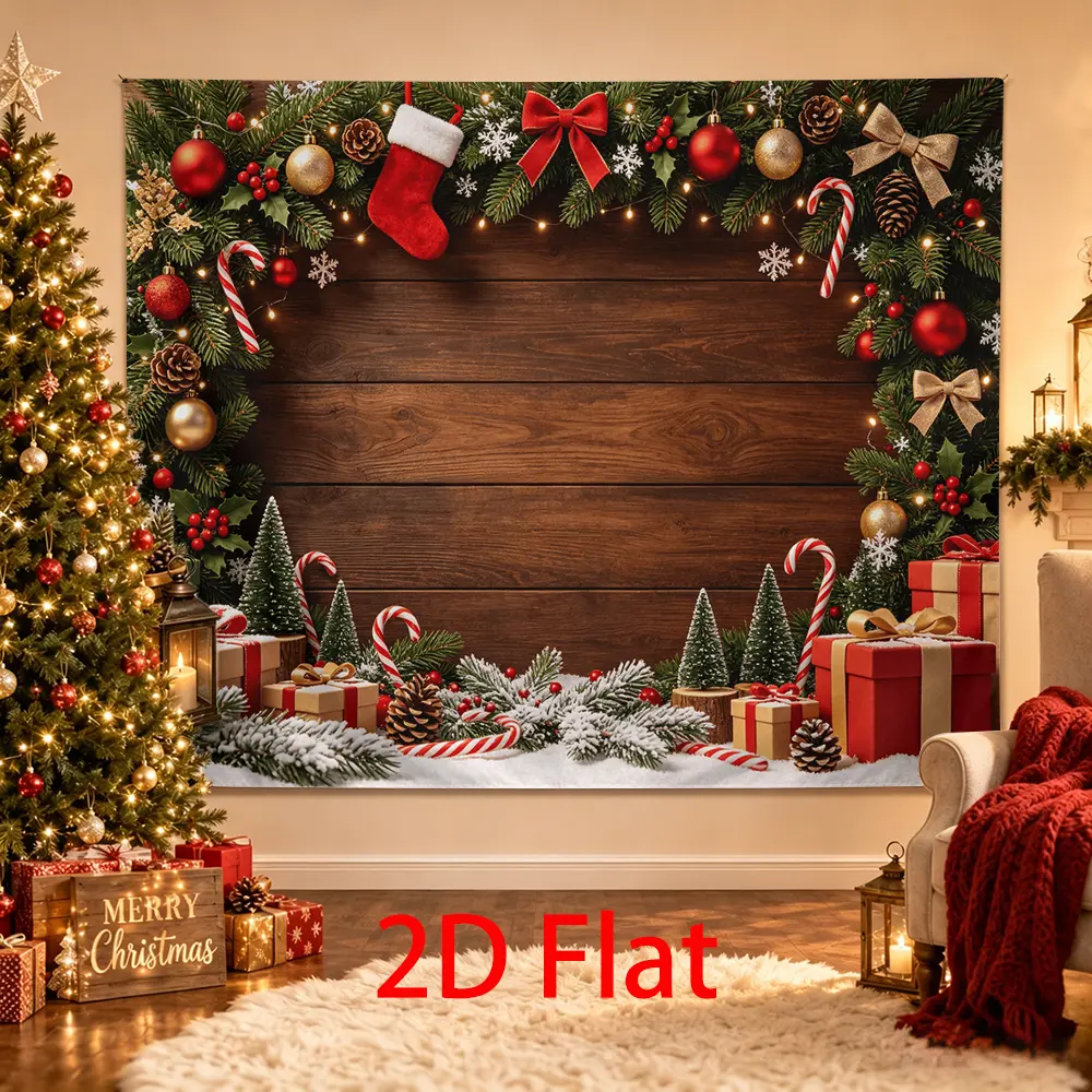 Rustic Wood Christmas Backdrop with Garland, Stocking, Candy Canes, Gift Boxes and Red Gold Ornaments for Holiday Photos