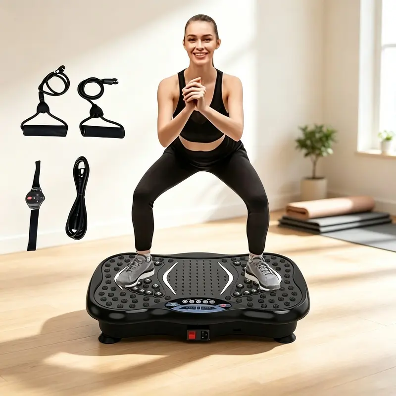 Fitness step vibration platform trainer, adjustable speed, with wristbands and resistance bands, whole-body vibration standing board, home fitness equipment.